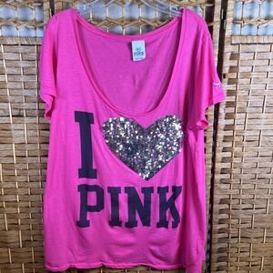Y2K Victoria's Secret PINK Women's I Love Pink Sequin Heart T Shirt Size Large